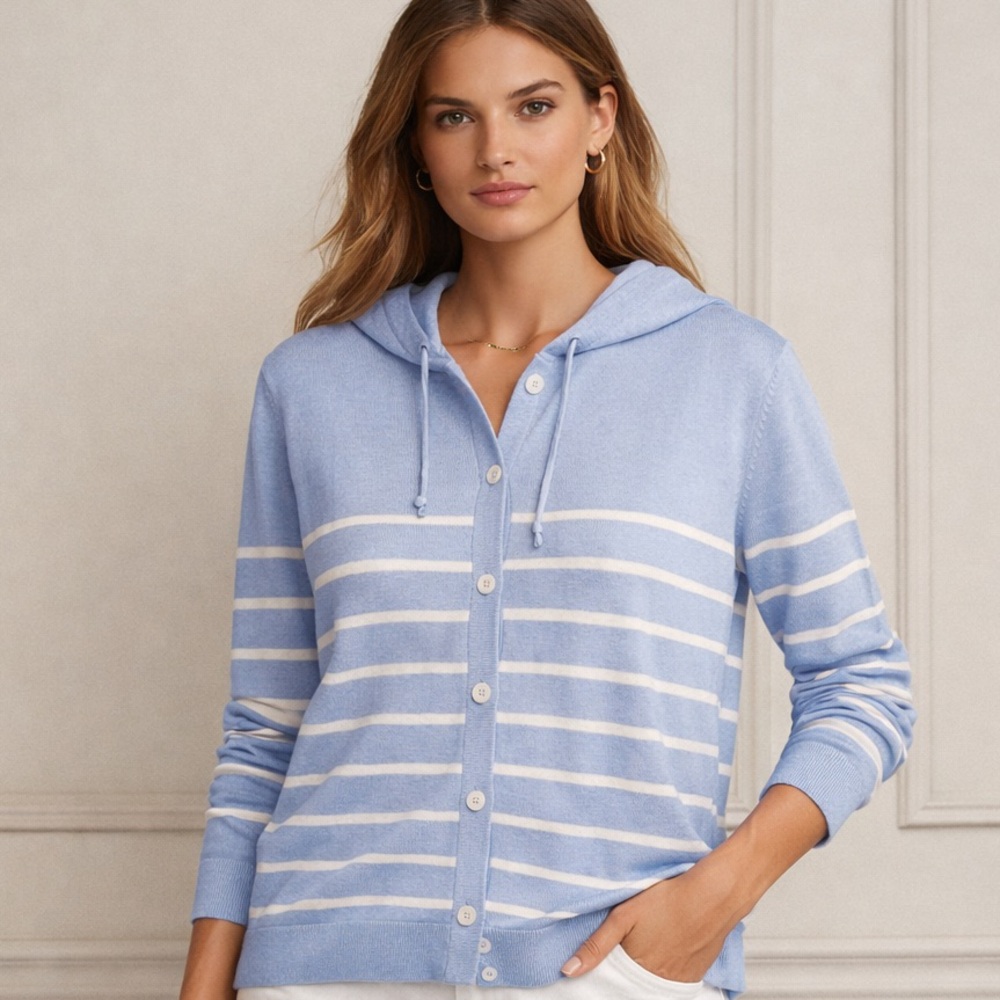 Ralph Lauren Light Blue and Cream Striped Silk Top with Hood NWT Size L